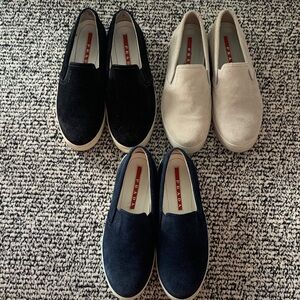 Prada Suede Slip-On Trio in Black, Navy & Beige.  The Deal of the century!!😊